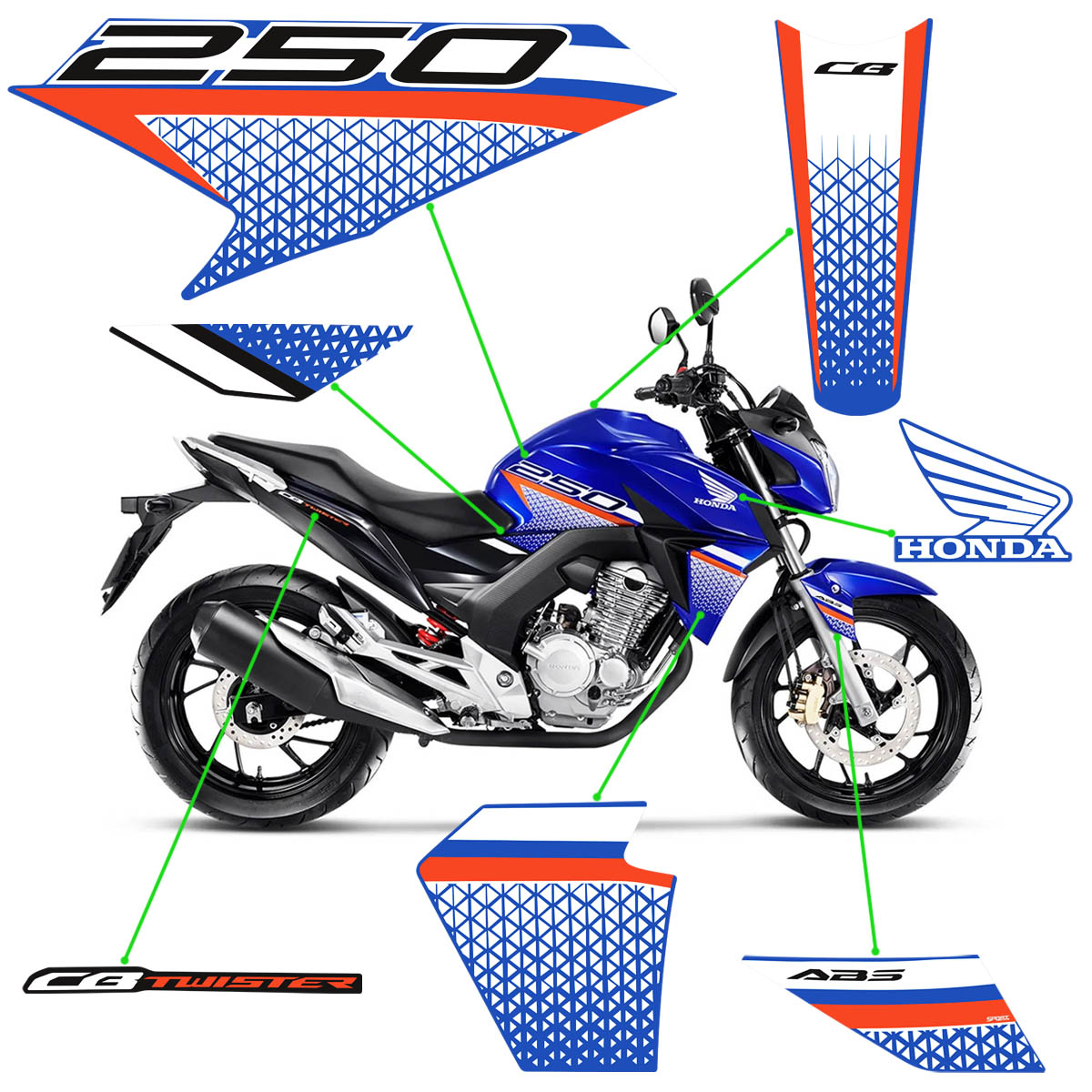 Kit Adesivos Para Honda CB 250 Twister 2022 Moto Azul Faixas