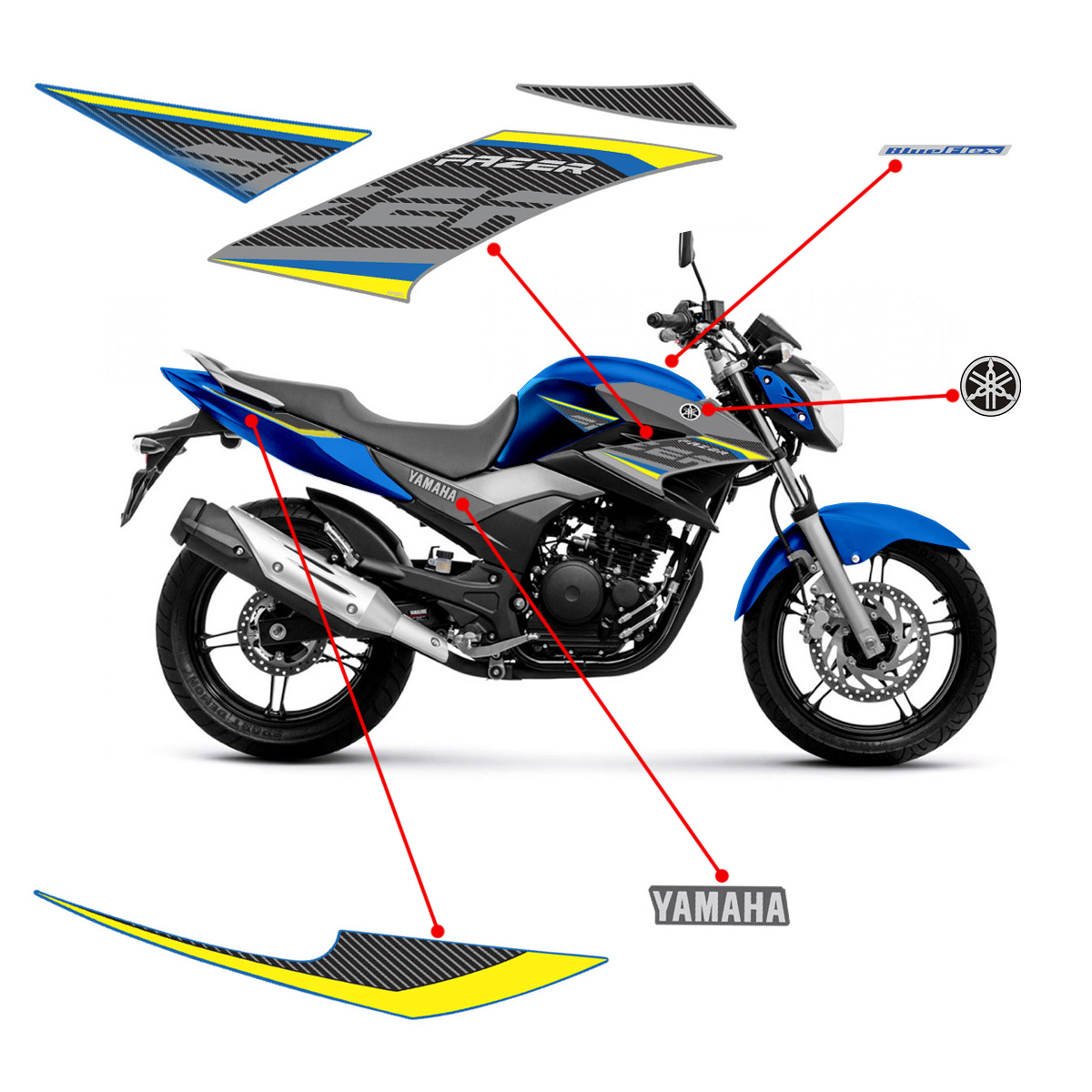 Kit Adesivos Yamaha Fazer 250 2017 2018 Moto Azul + Emblemas