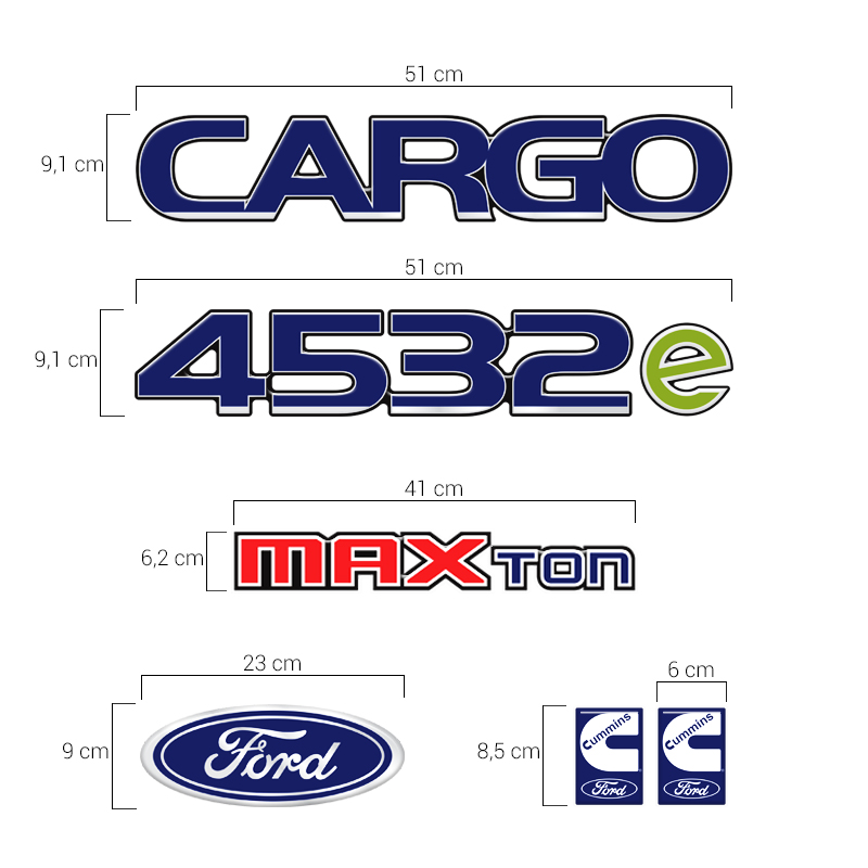 Kit Emblemas Cargo 4532e Max Ton Cummins Caminhão Ford