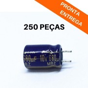 Kit 250 peças - Capacitor Eletrolítico 680uF 10v 105ºC (8x13) - Pré Cortado - Rubycon