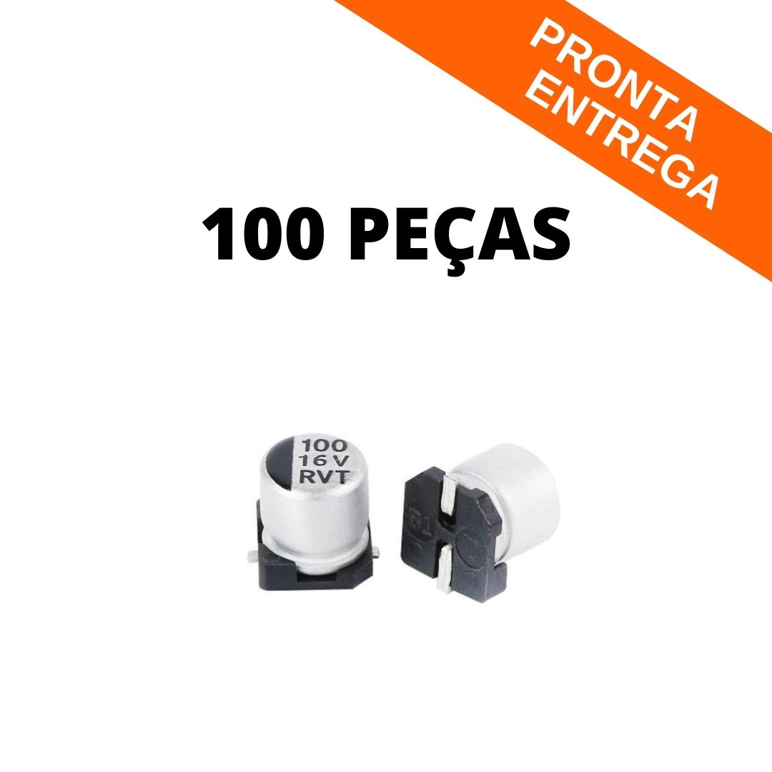 Kit 100 Peças - Capacitor Eletrolítico SMD 100uF (100mF) 16V - 6.3x5.4mm