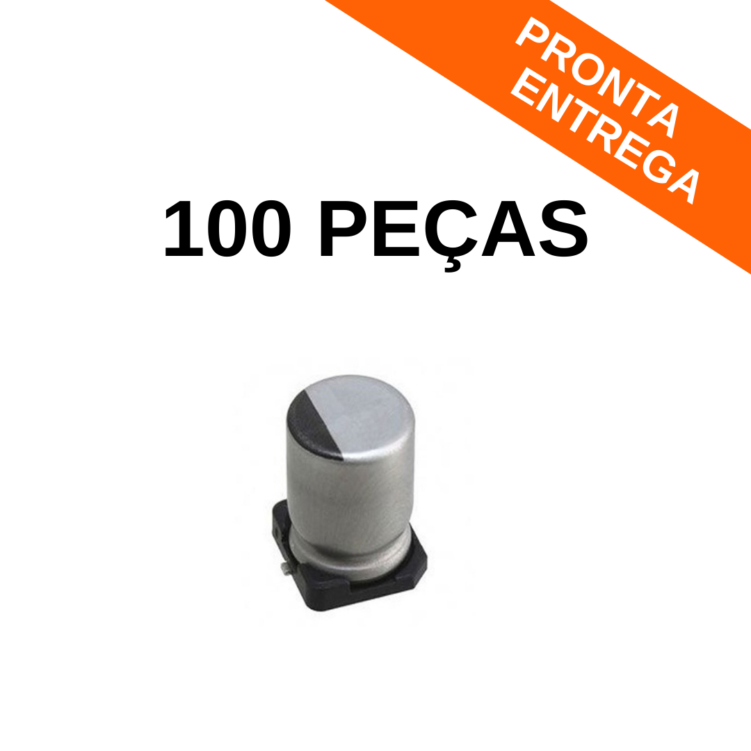 Kit 100 Peças - Capacitor Eletrolítico SMD 100uF 16V 20% (8.30mm x 8.30mm)