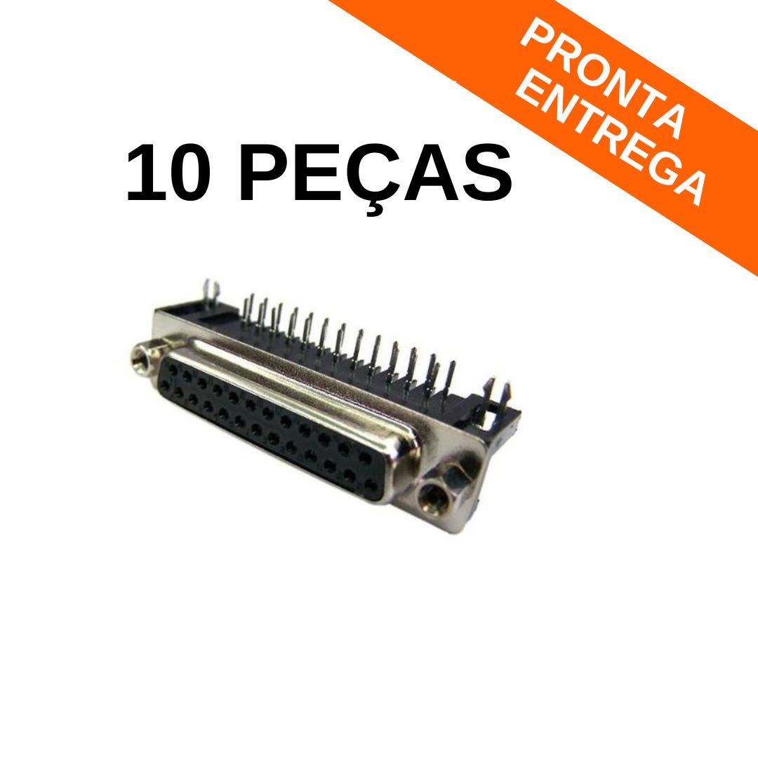 Kit 10 peças - Conector DB25 Fêmea 90ºG P/ Solda Placa PCI (DB-25)