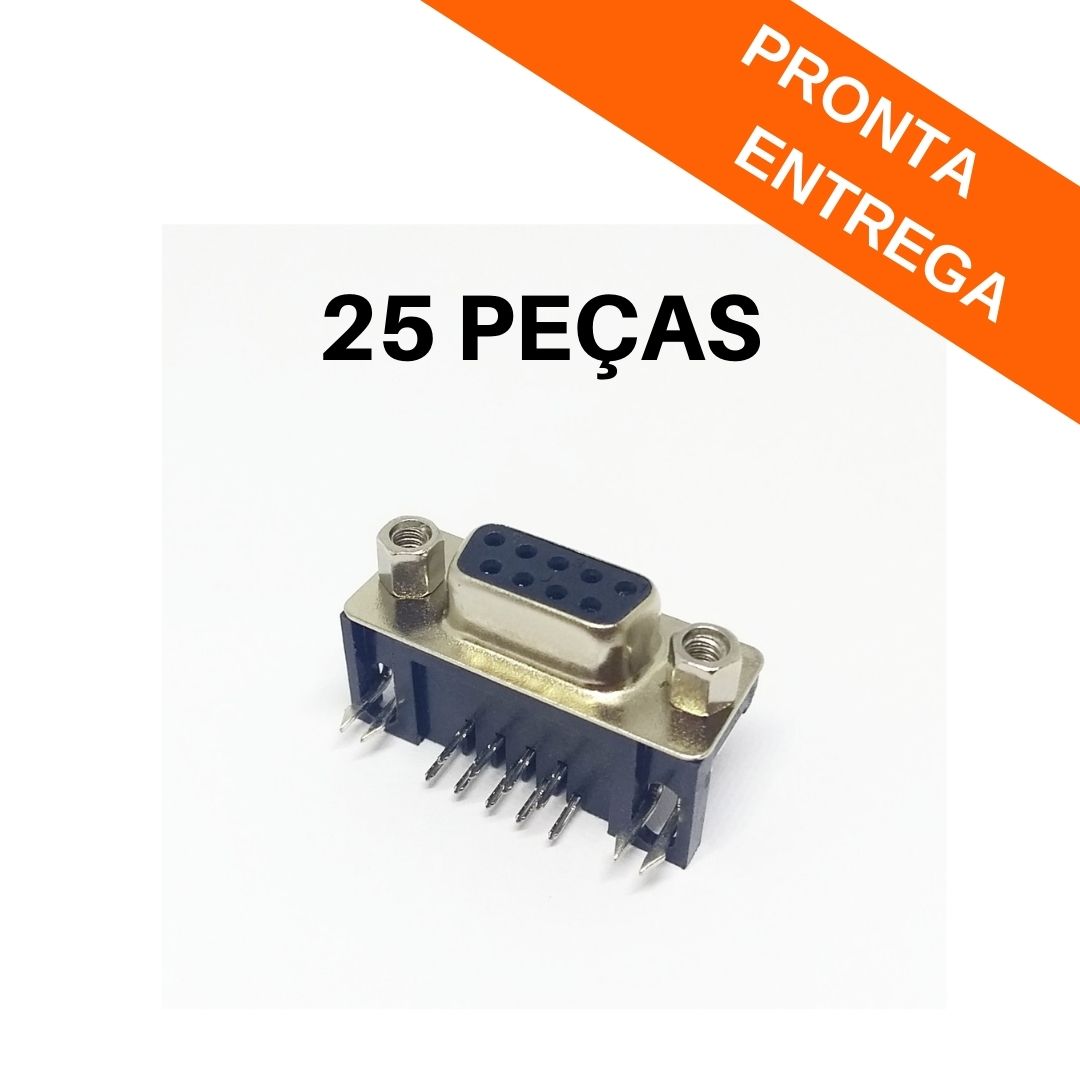 Kit 25 peças - Conector DB9 Fêmea 90º graus p/ Solda Placa PCI (preto)
