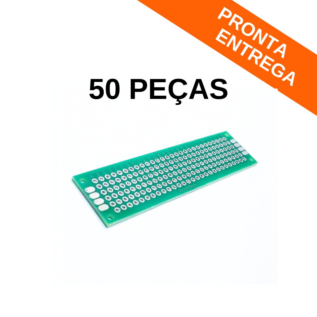 Kit 50 Peças - Placa de Circuito Impresso Face Dupla 02cm x 08cm Universal P/ PCB Ilhada (2x8)