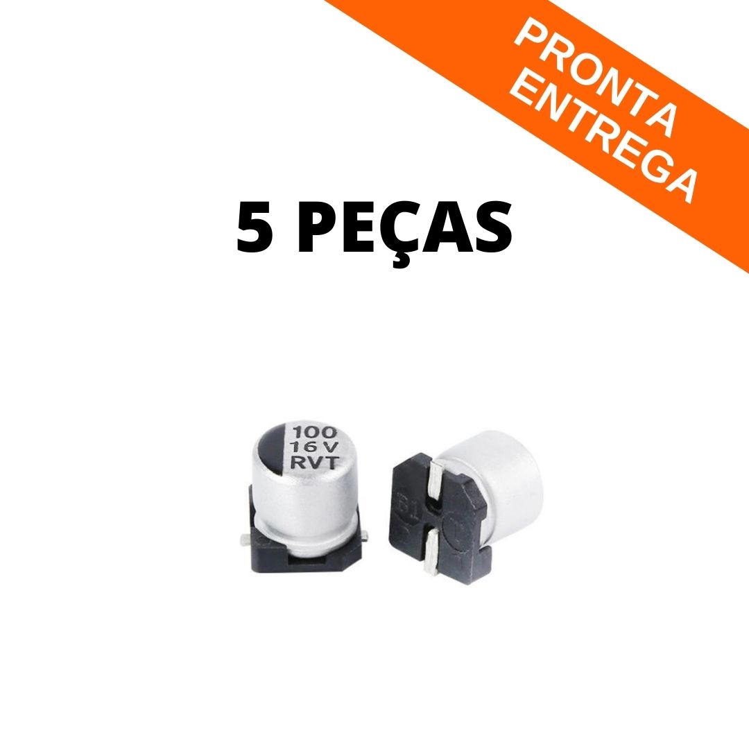 Kit 5 Peças - Capacitor Eletrolítico SMD 100uF (100mF) 16V - 6.3x5.4mm