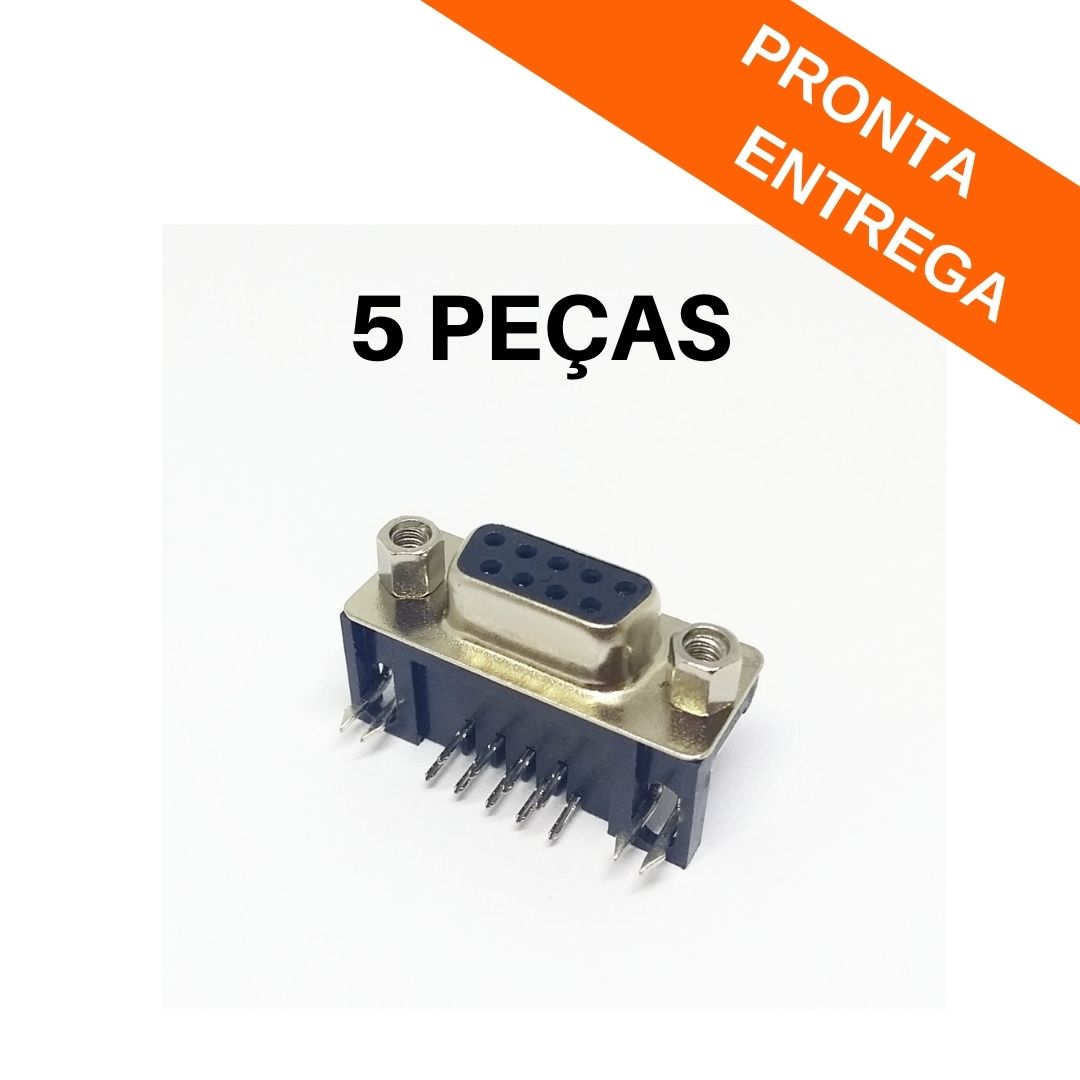 Kit 5 peças - Conector DB9 Fêmea 90º graus p/ Solda Placa PCI (preto)