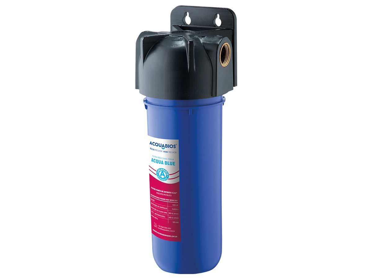 Filtro Para Caixa D' Água Rosca Metálica Acqua Blue Acquabios Com Suporte de Parede e Refil Extra Para o Filtro
