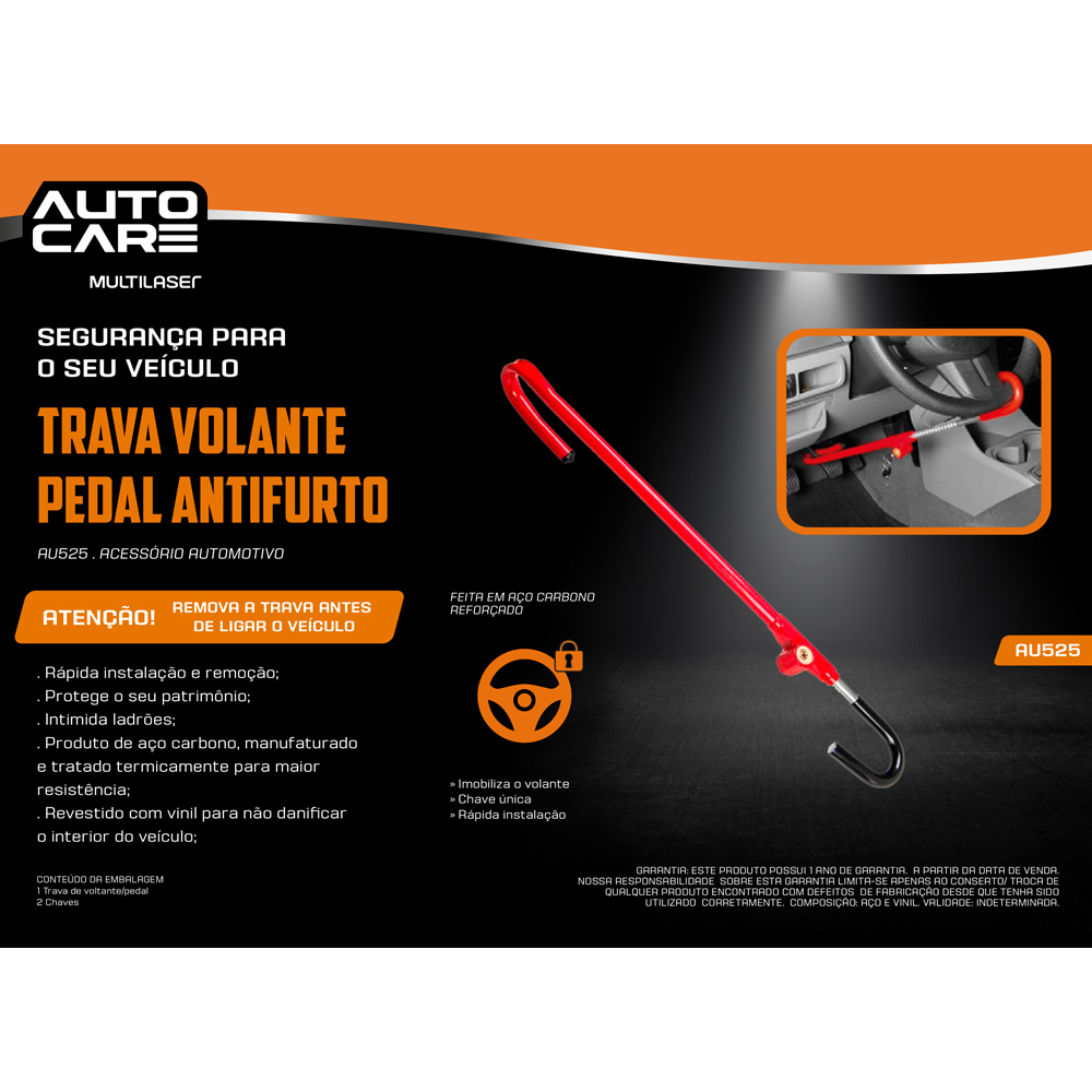 Trava Carneiro Antifurto Pedal Volante Chave Tetra Universal De Aço Para Carro Multilaser - AU525