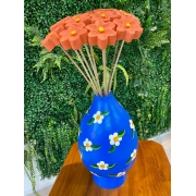 Kit Vaso Decorativo Azul em Cabaça com Flores em Madeira Laranja