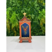 Oratório em Madeira Vermelho com Fundo Azul - 30 x 13 x 7,5 cm