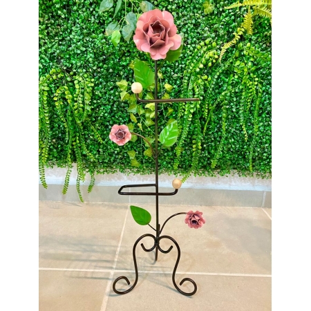 Porta Papel Higiênico em Ferro com Flores Rosa - 67 x 22 cm