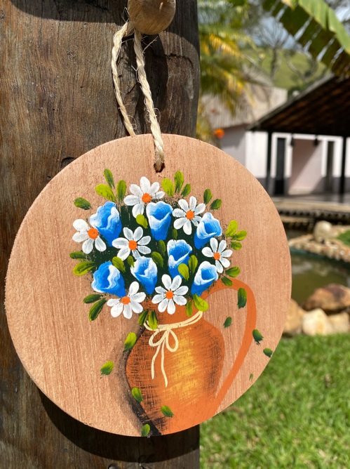 Placa Redonda - Bolacha - Margarida e Flor Azul