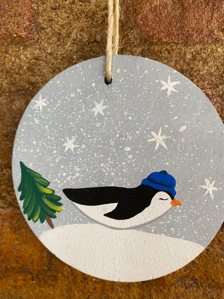 Placa Redonda de Natal - Pinguim Divertido - Azul