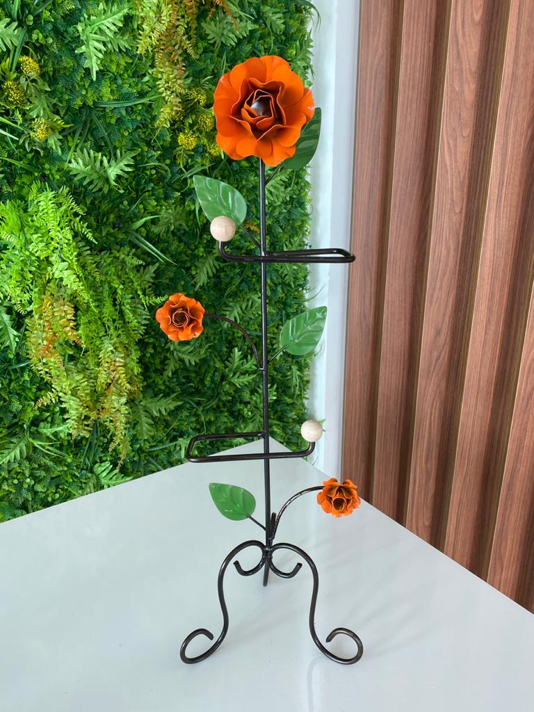 Porta Papel Higiênico em Ferro com Flores Laranjas - 67 x 22 cm