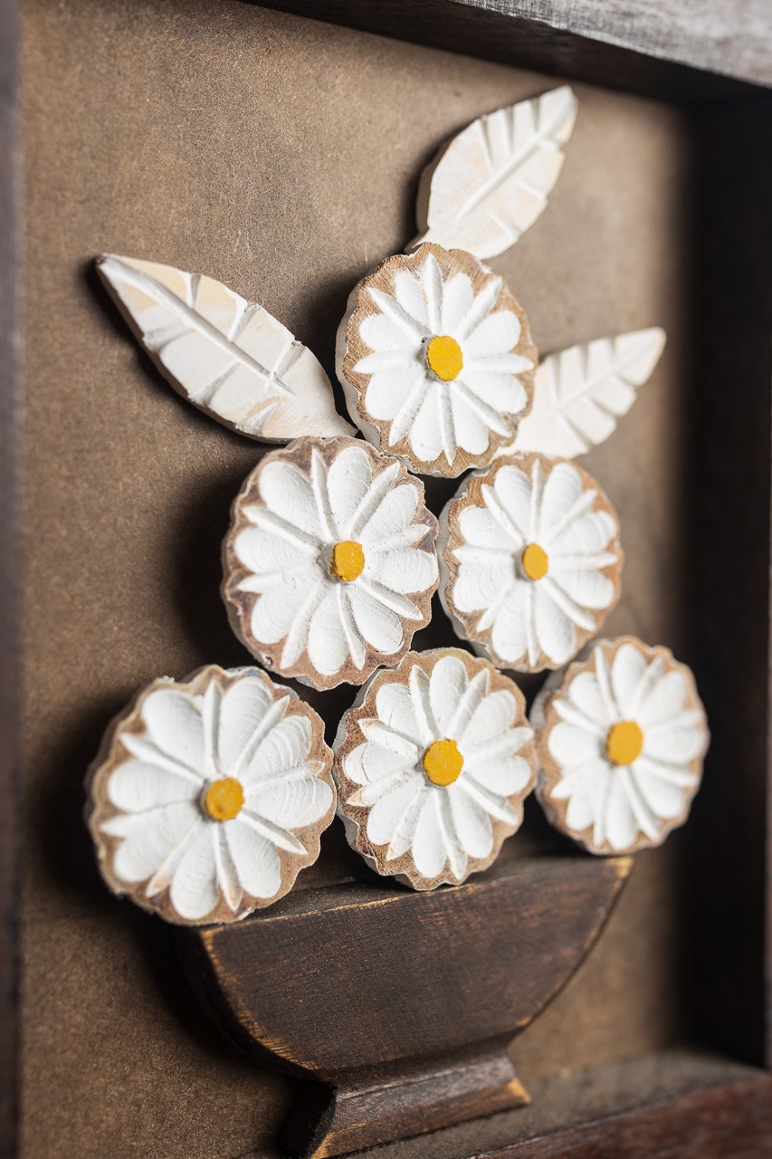 Quadro em Madeira Rústico - Flores Brancas