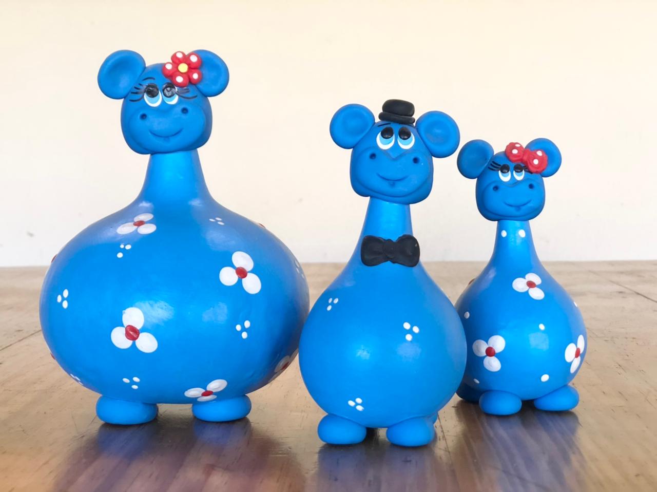 Trio de Hipopótamos em Cabaça - Azul