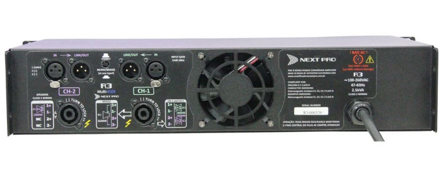 Amplificador com 2 canais de até 2700W RMS Next Pro R3