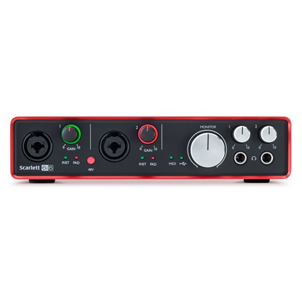 Interface de áudio USB com 2 canais Pré-amplificador + 2 canais de linha e MIDI | Scarlett | 6i6 2 geração