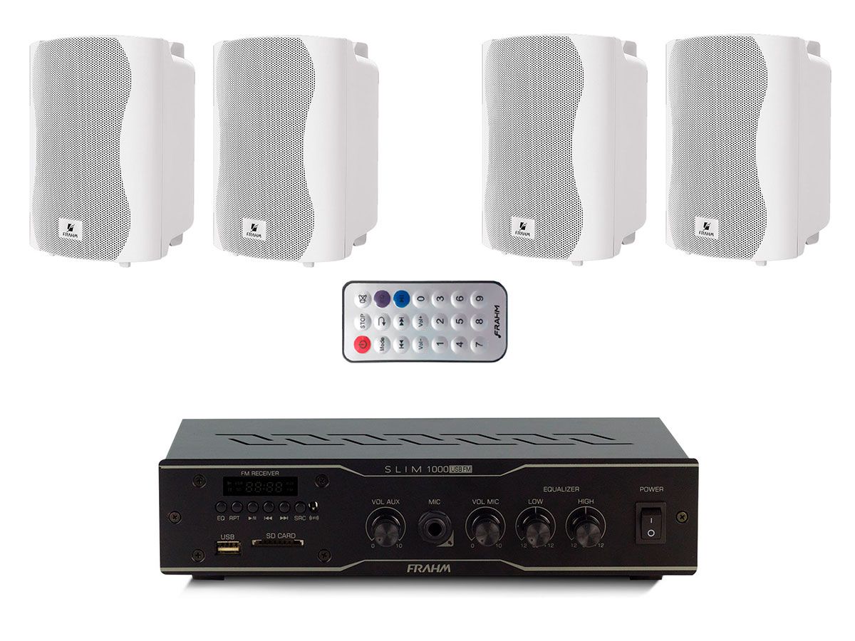 Kit para som ambiente com 1 amplificador + 4 caixas de 4 polegadas | Frahm | SLIM 1000 USB/FM, PS4PLUS