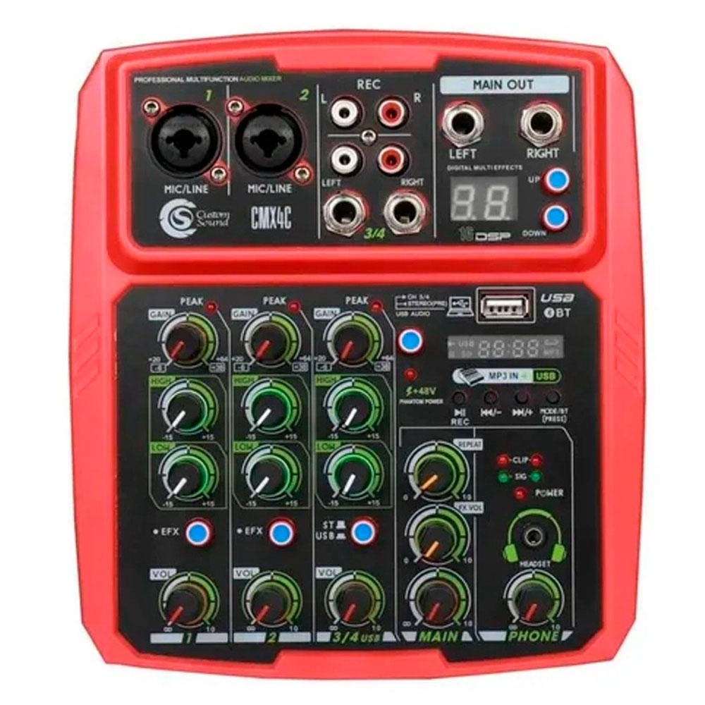 Mesa de som 4 Canais, USB e Bluetooth Custom Sound CMX4C Red