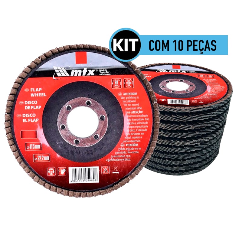 Kit 10 pecas Disco Flap 4.1/2" Grao 100 Conico Fibra MTX 740319