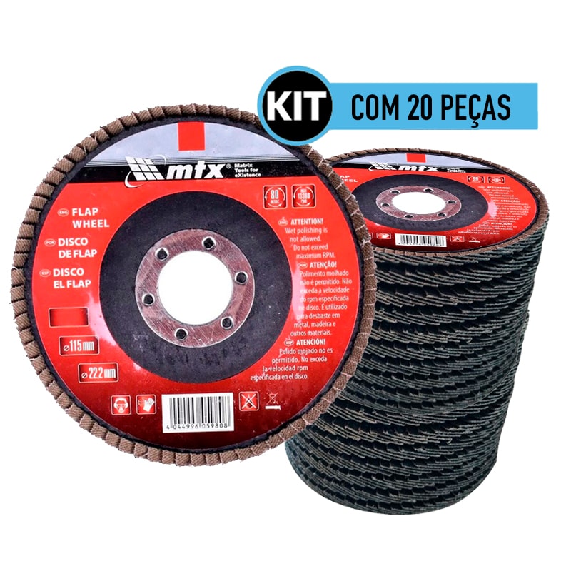 Kit 20 pecas Disco Flap 4.1/2" Grao 60 Conico Fibra MTX 740289