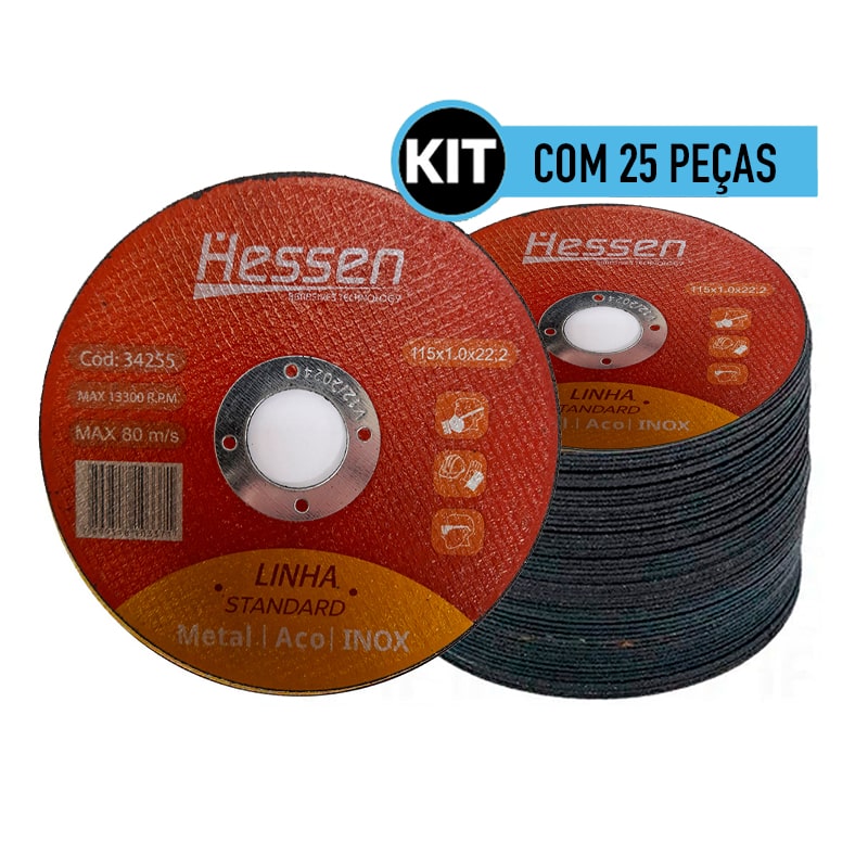 Kit 25 pecas Disco de Corte Inox 4.1/2" 115 x 1,0mm Standard Hessen