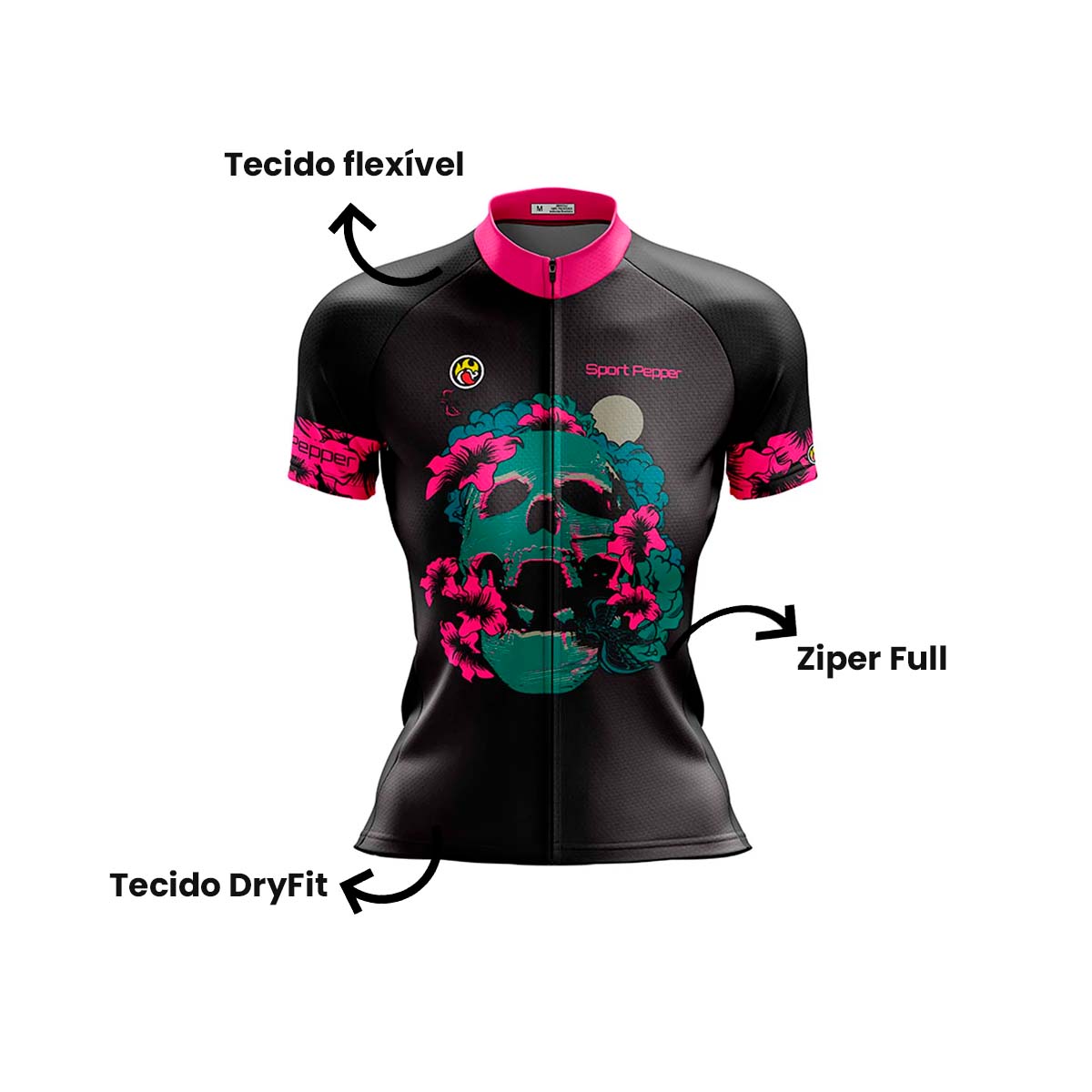 Camisa Sport Pepper Feminina Caveira Jalapenho Preta Verde e Rosa Ciclismo 22