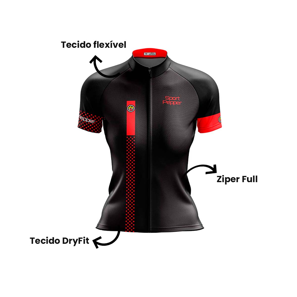 Camisa Sport Pepper Feminina Cherry Vermelha e Preta Ciclismo 22