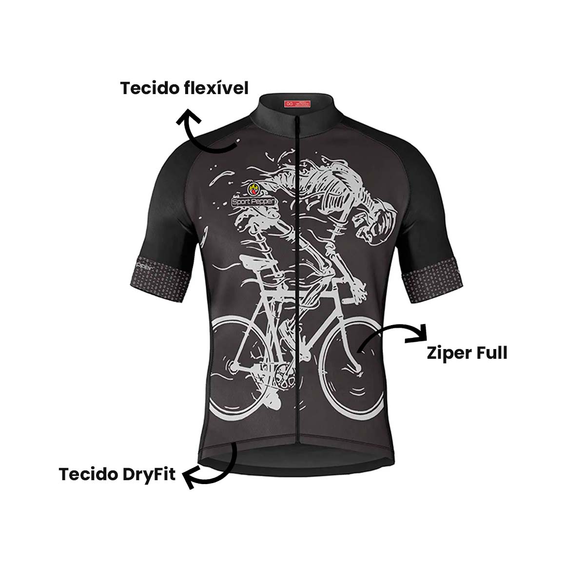 Camisa Sport Pepper Masculina Skull Biker Preta e Branca Ciclismo 22