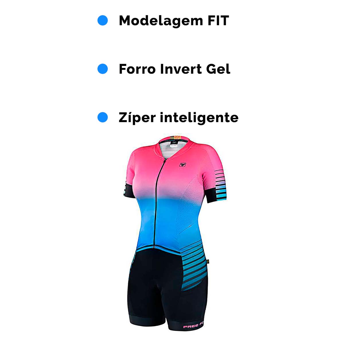 Macaquinho Freeforce Feminino New Shore Azul e Rosa Forro Invert Gel Ciclismo 21