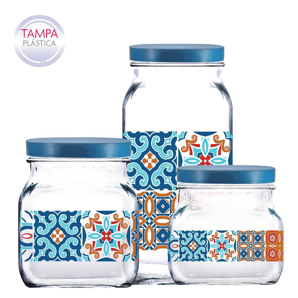 Potes de Vidro Decorado Style Mosaic Tampa Plást Azul 3Pcs - Foto 0