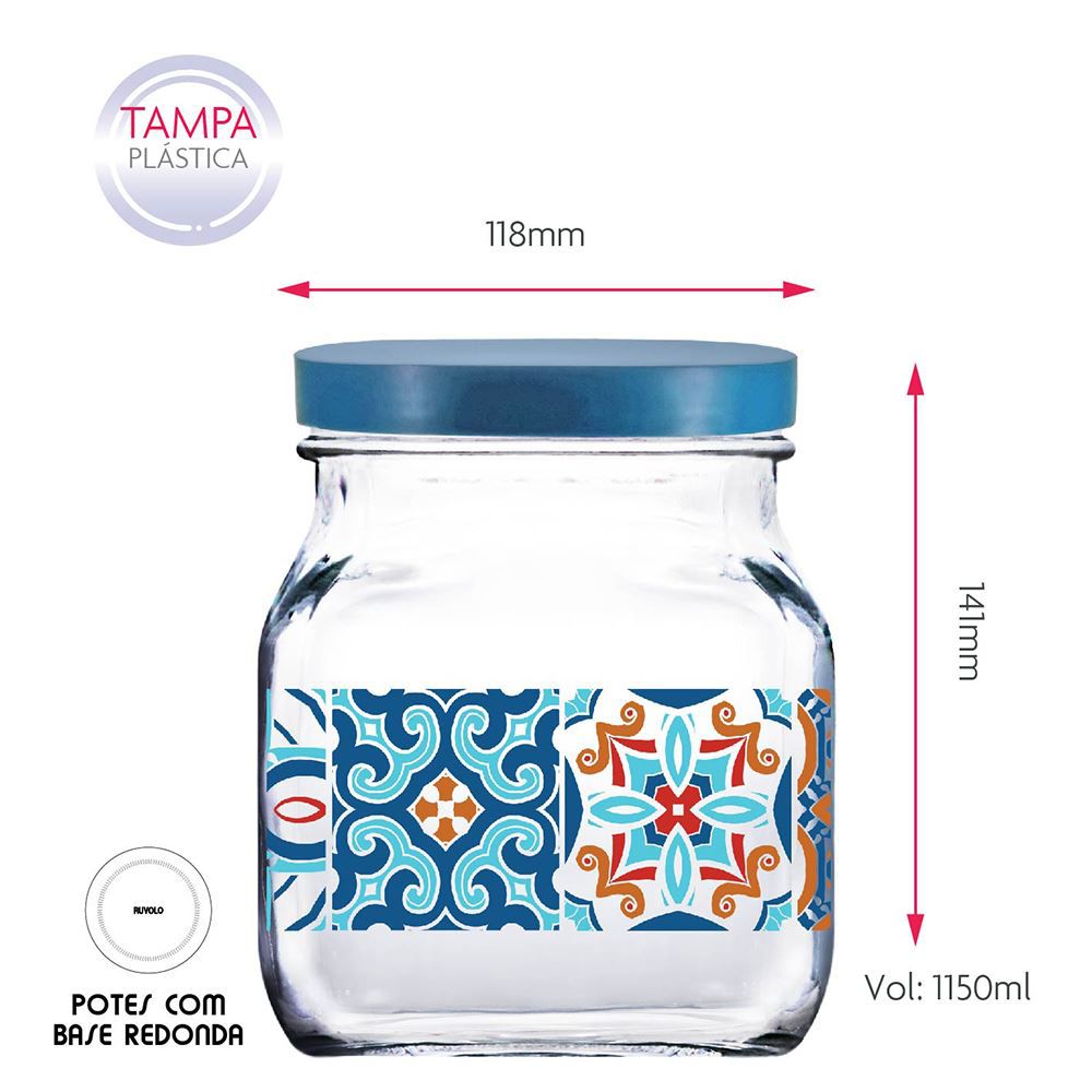 Potes de Vidro Decorado Style Mosaic Tampa Plást Azul 3Pcs - Foto 2