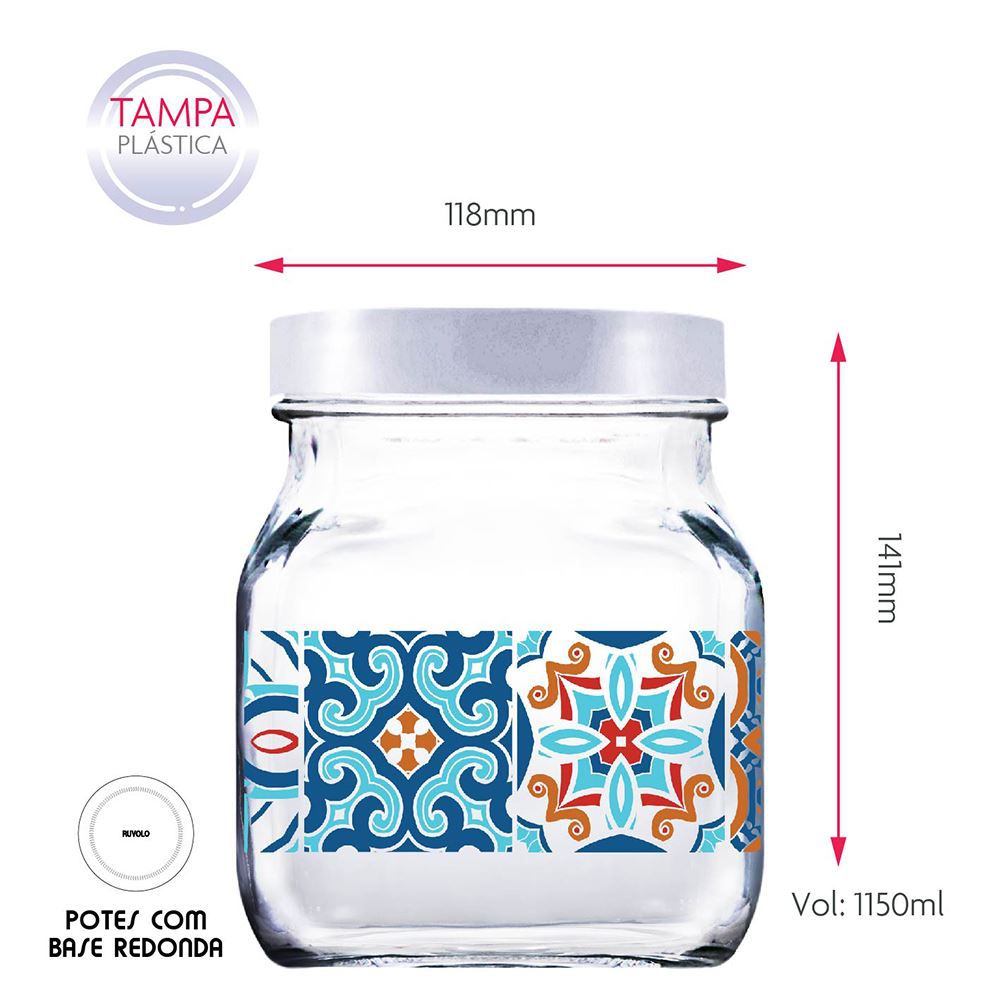Potes de Vidro Decorado Style Mosaic Tampa Plast Branco 3Pcs