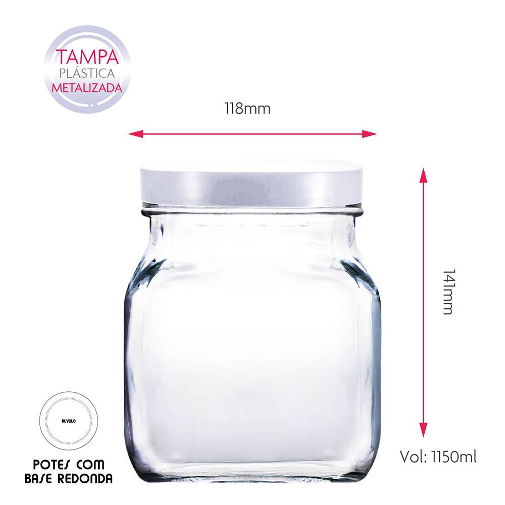 Potes de Vidro Redondo Style Tampa de Plástico Branco 3Pcs