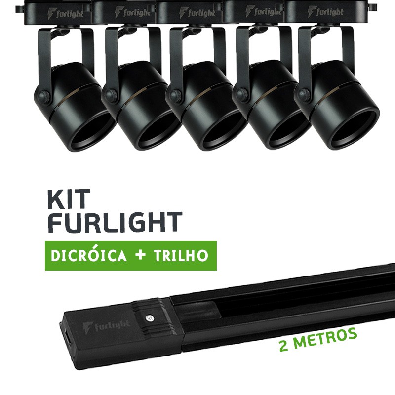 Kit Furlight Trilho 200cm com 5 Spots Dicróica/PAR16 Preto