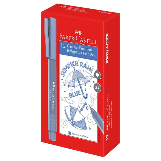 Kit com 12 Canetas Boligrafis Fine Pen 0.4 Azul Chuva Faber Castell