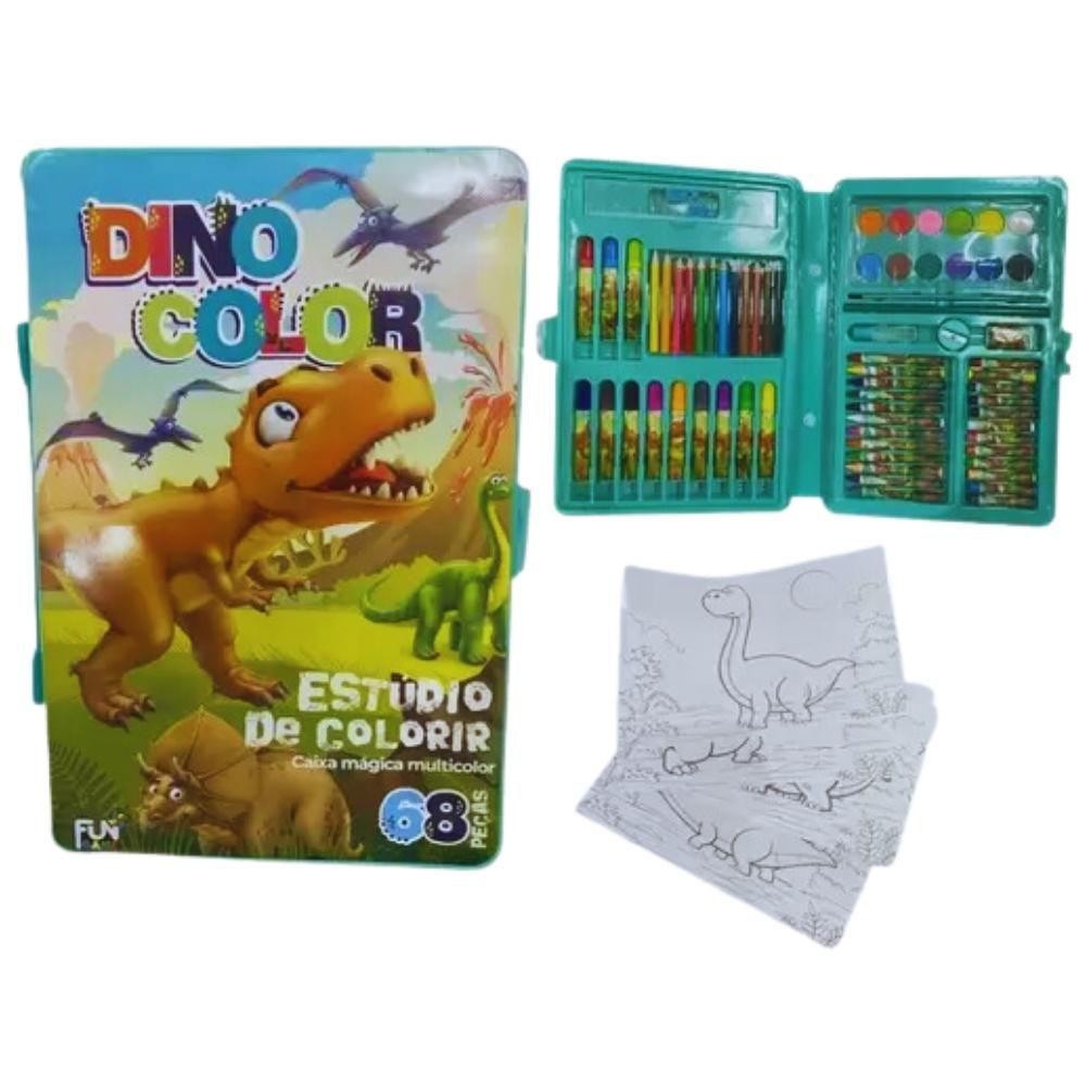 Kit Escolar 68 Pecas Colorir Dinossauro Verde Fun Game
