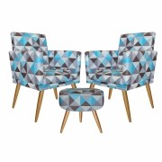 Kit 2 Poltronas Decorativa com rodapé  e 1 Puff Redondo Nina Triângulo Azul- Bela Casa Shop