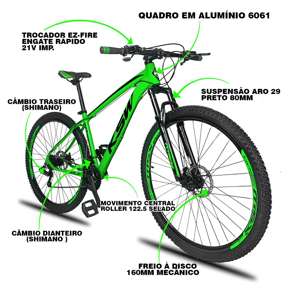 Bicicleta Aro 29 KSW XLT 21v Câmbios Shimano Freio a Disco Mecânico Quadro 15 Verde/Preto