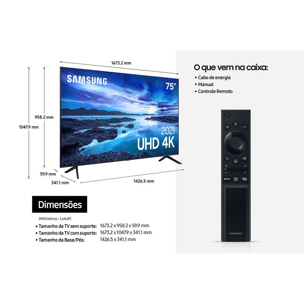 Smart TV 75" UHD 4K Samsung 75AU7700, Processador Crystal 4K, Tela sem limites, Visual Livre de Cabos, Alexa built in, Controle Único