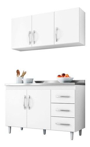 Armário de Cozinha Aereo 3 Portas e Balcão de Cozinha para Pia Sem Tampo 120cm Isabel Cor Branco - AJL Móveis