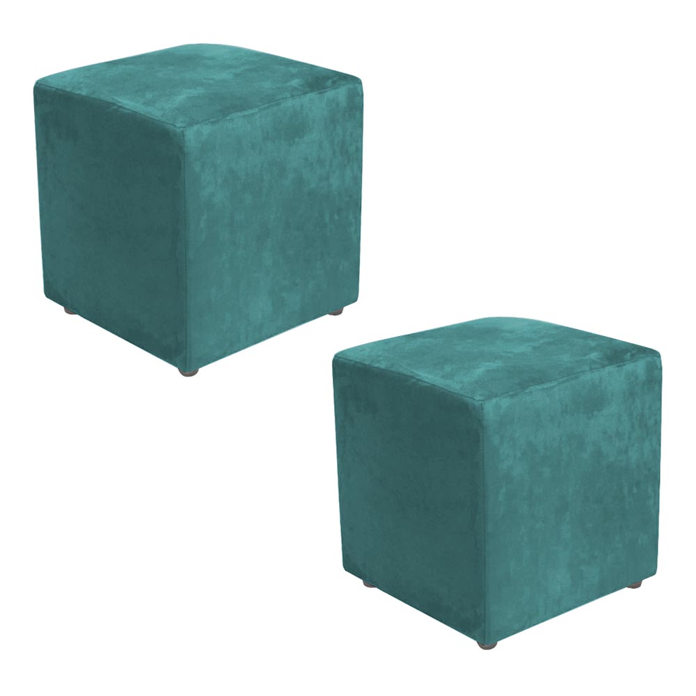 Kit 2 Puffs para Sala Quadrado Decorativa Dado Confort Tecido Suede Cor Azul Tiffany - Decora