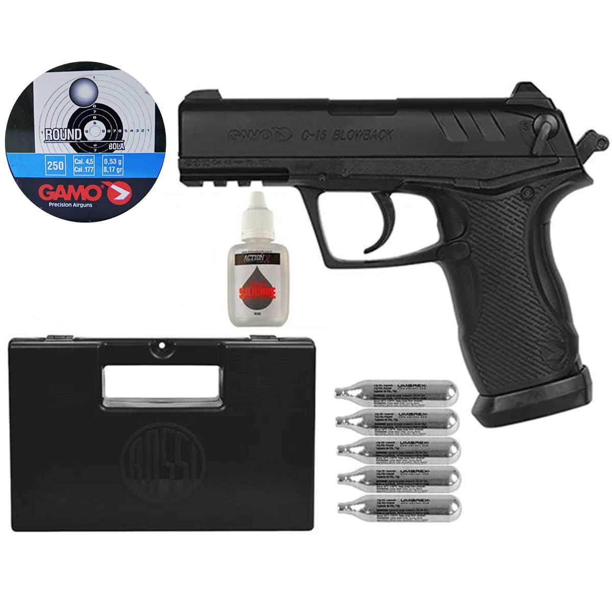 Pistola Pressão Gamo C-15 4.5mm + Co2 + Chumbinho + Silicone + Case