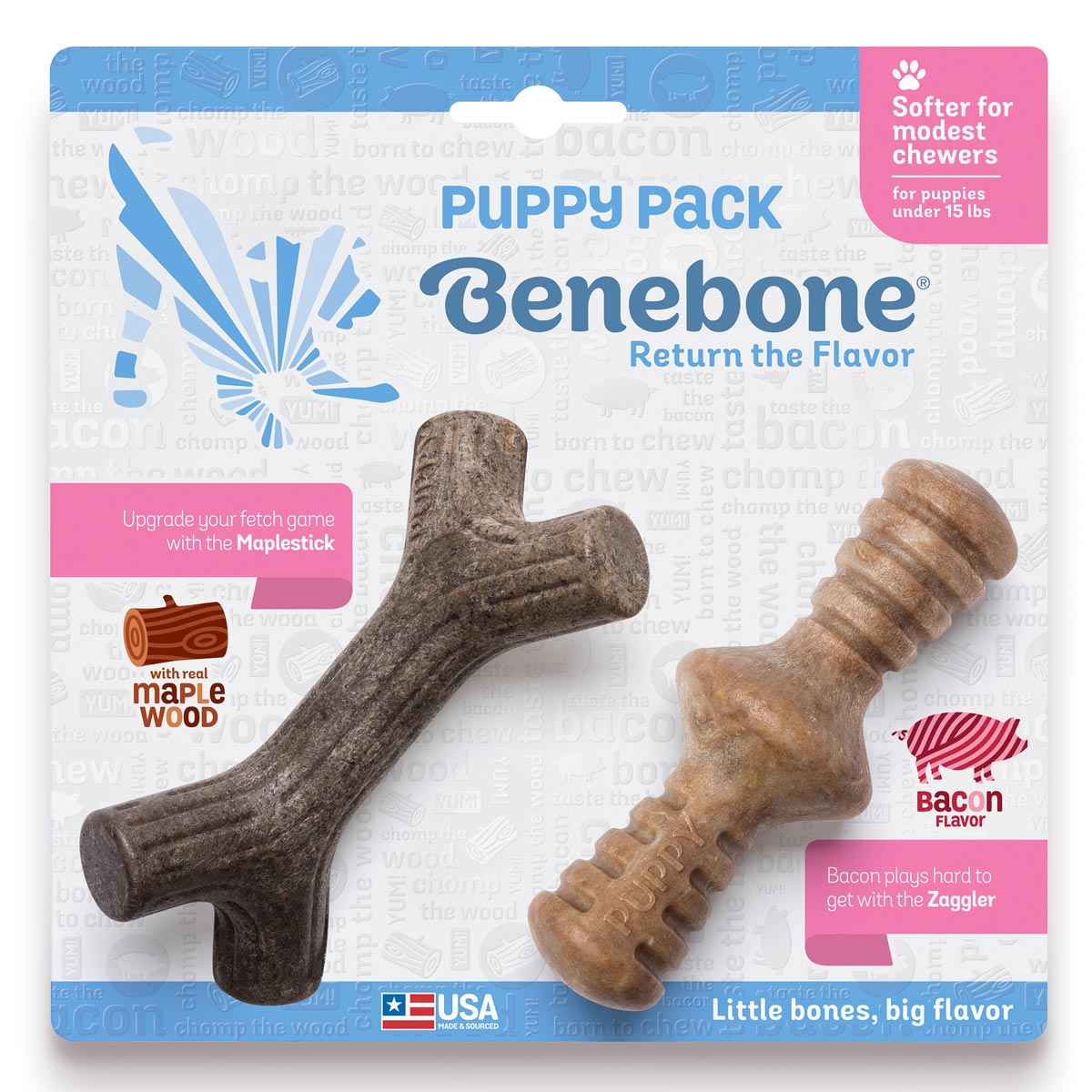 Brinquedo para Cachorro Benebone Puppy Bacon Pack com 2 Brinquedos MAP + ZAG