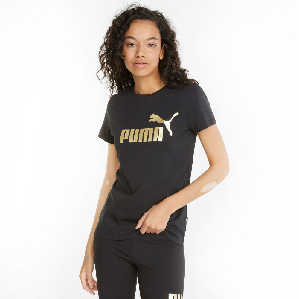 Camiseta Puma Essentials Plus Metallic Logo Feminina Preta - Sportime