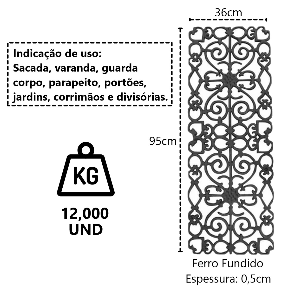 Grade de Ferro Fundido Ramada Sacada Varanda Escada 95x36cm