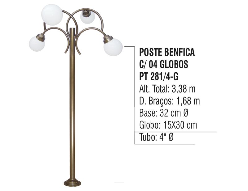 Poste Colonial Benfica para  Jardim Alumínio 04 Globos 3,38m - Panela de Ferro Fundido
