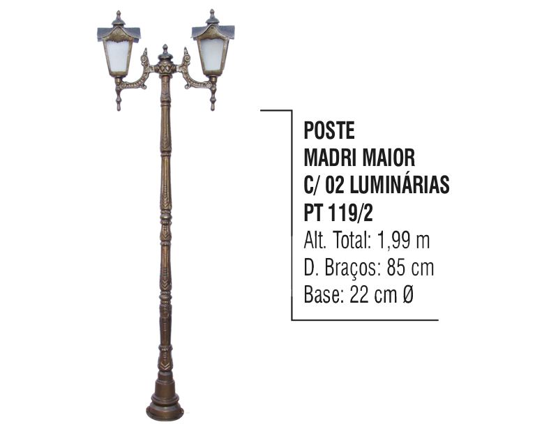 Poste Colonial Madri para Jardim Alumínio 02 Luminária 1,71m  - Panela de Ferro Fundido